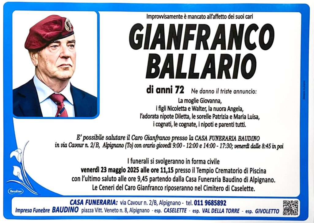 Funerali Presidente di Sezione Gianfranco Ballario. Ven.23 maggio 2025 ad Alpignano